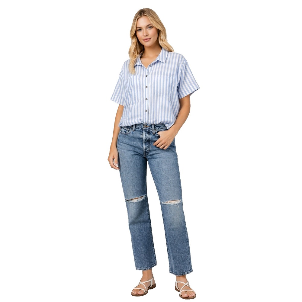 Preppy Coastal Linen Blend Striped Boxy Top Womens L Euro Summer Beach Relaxed - Picture 2 of 8
